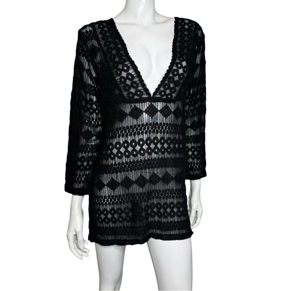 J Valdi Sheer Black V-Neck Long Sleeve Lace Swimsuit Coverup